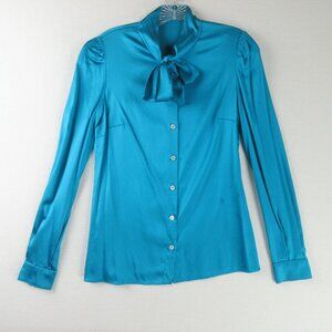 Dolce and Gabbana Turquoise Silk Bow Blouse Size 42 Long Sleeve
